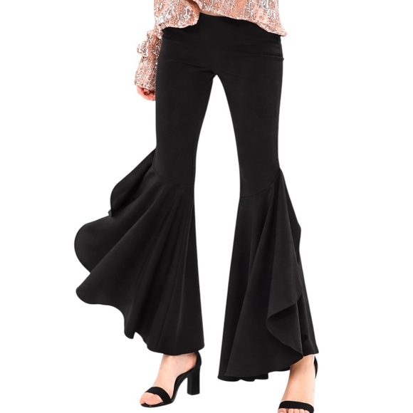 M Signature Label Collection Pants - Blush Pink & Black Flared Leg Dramatic Stretch Pants